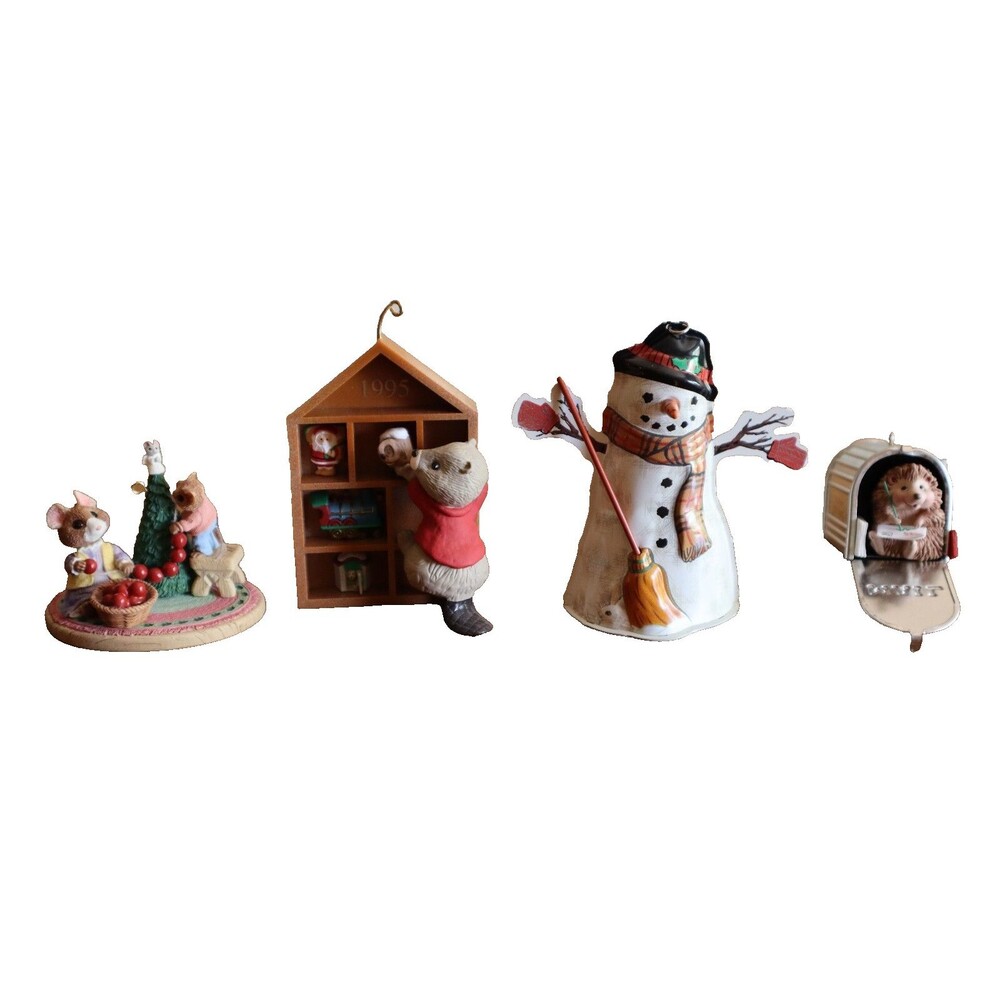 Vtg Lot Of 4 Hallmark Christmas Ornament Tin Snowman Critters Animal Forest Hedg